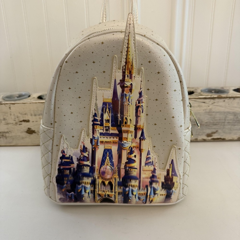 NWT Disney Parks Loungefly Mini Backpack Gold Cinderella Castle 50th Anniversary